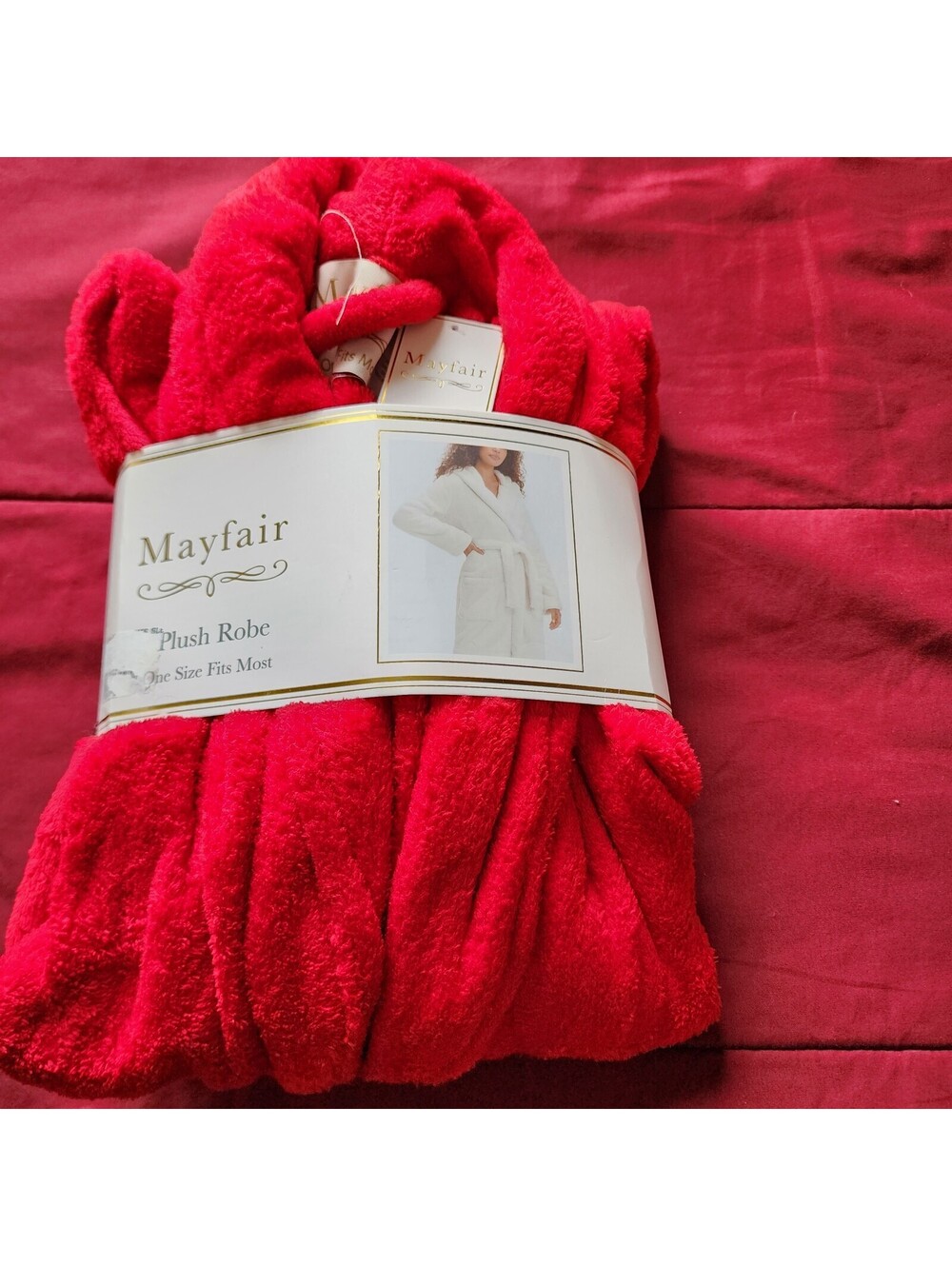 Mayfair Women's Plush Red Robe Belted Long Sleeve One Size Shawl Collar